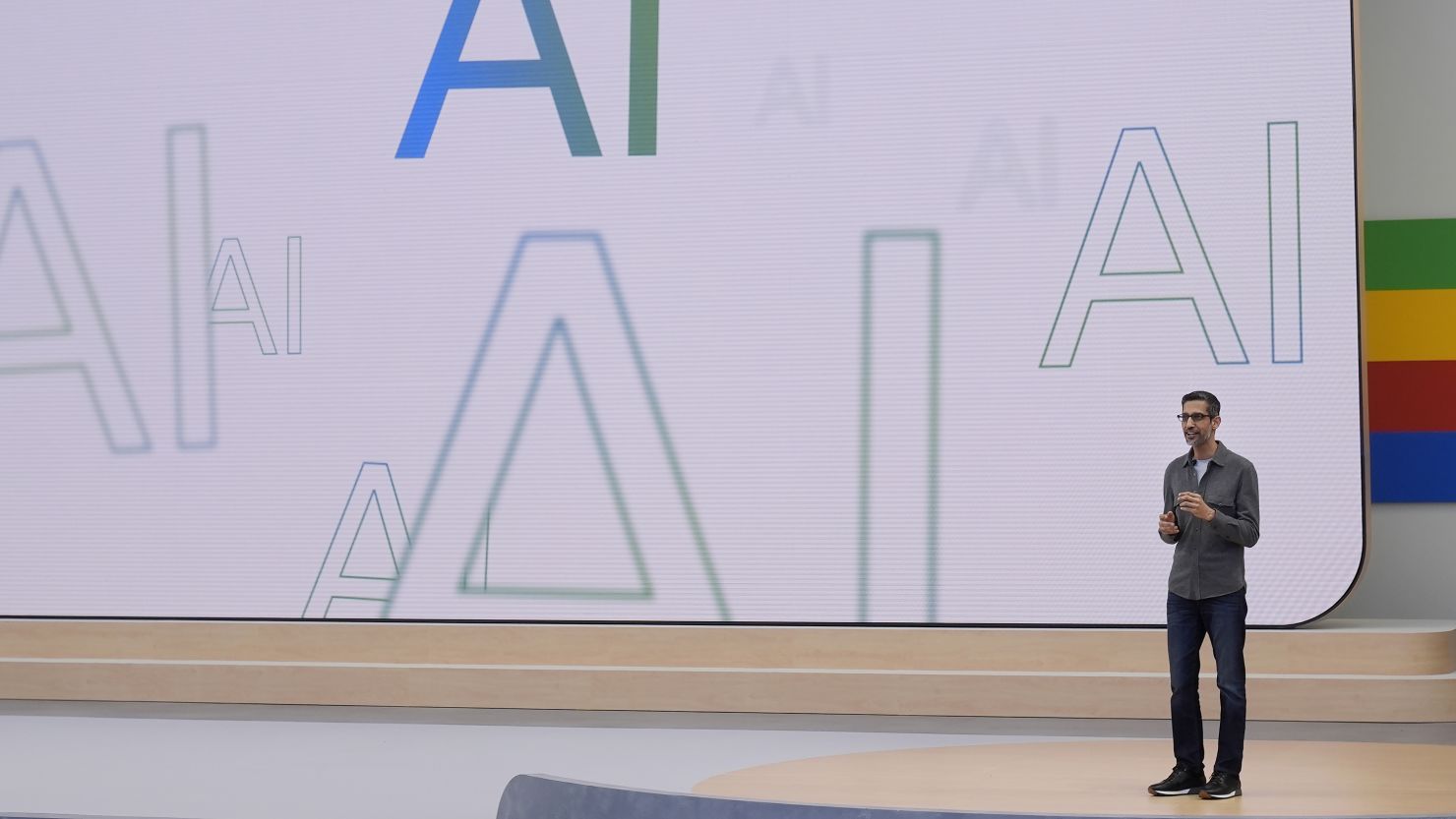 Alphabet CEO Sundar Pichai speaks at a Google I/O event in Mountain View, Calif., Tuesday, May 14, 2024. The company announced a new AI search result overview feature that is now facing criticism for some false results.